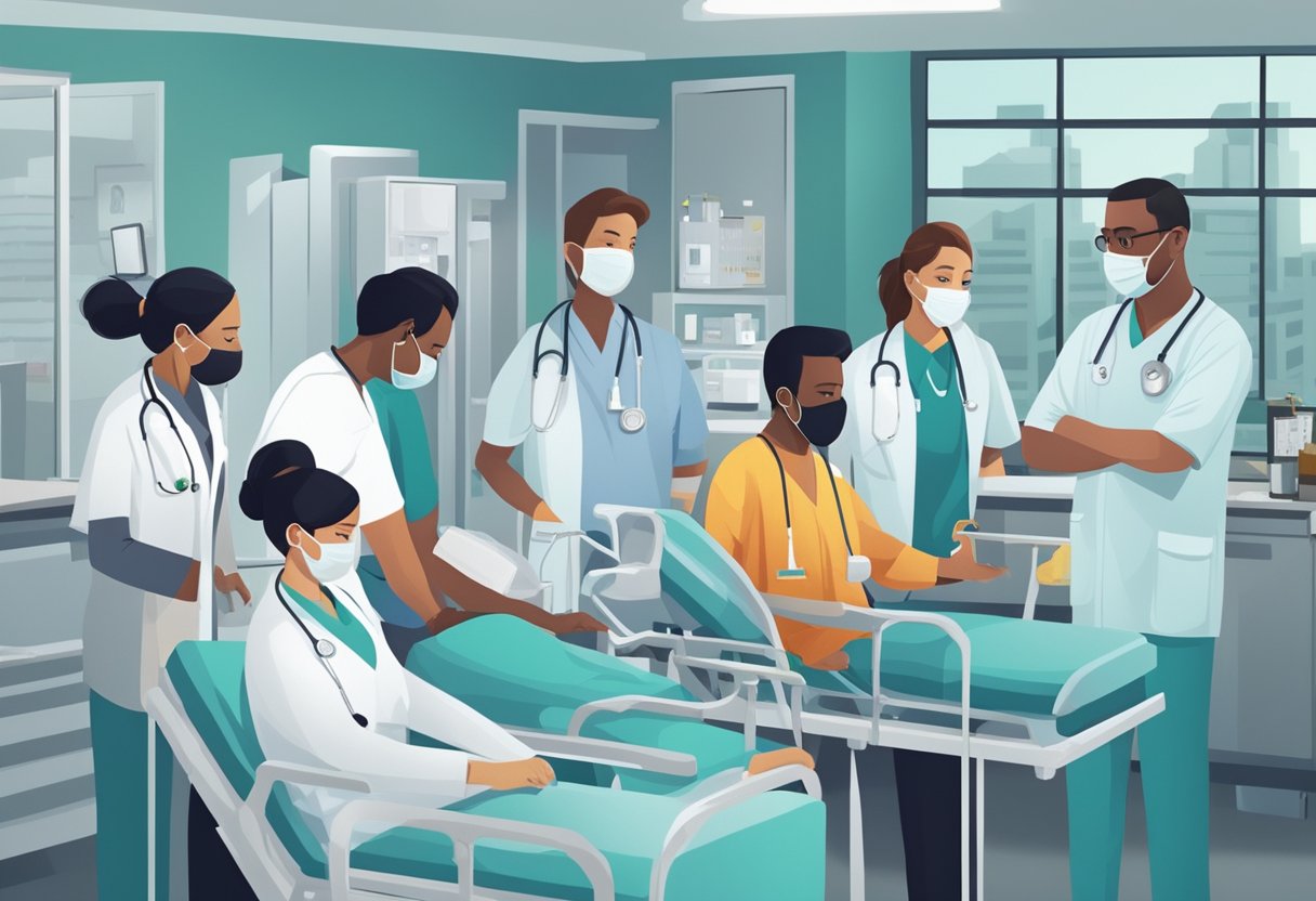 Atendimento de Urgência e Emergência: Guia Esencial para Situações Críticas 6 Uma equipe de profissionais de saúde trabalhando em conjunto em uma sala de emergência movimentada, atendendo pacientes com urgência e cuidado.