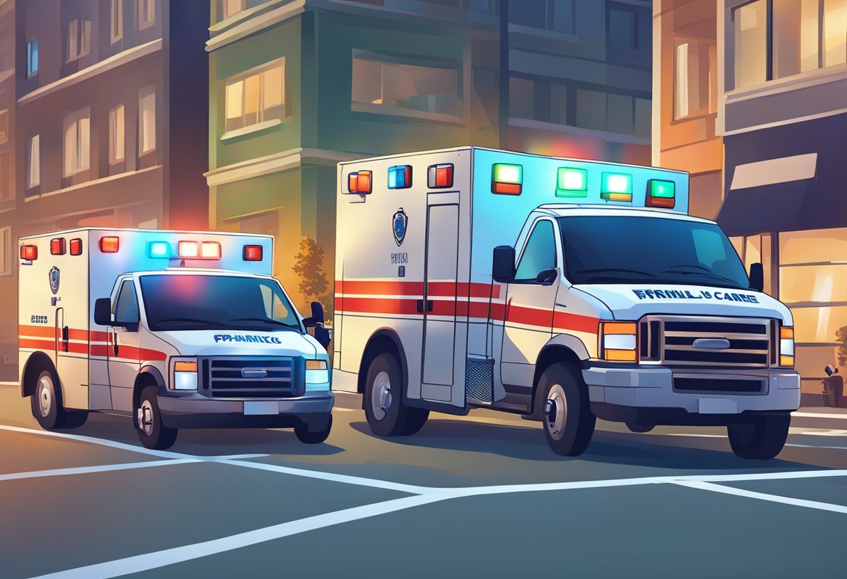 Atendimento de Urgência e Emergência: Guia Esencial para Situações Críticas 7 Uma equipe de paramédicos corre para uma cena com luzes piscando e sirenes, atendendo a um paciente em urgente necessidade de cuidados médicos.