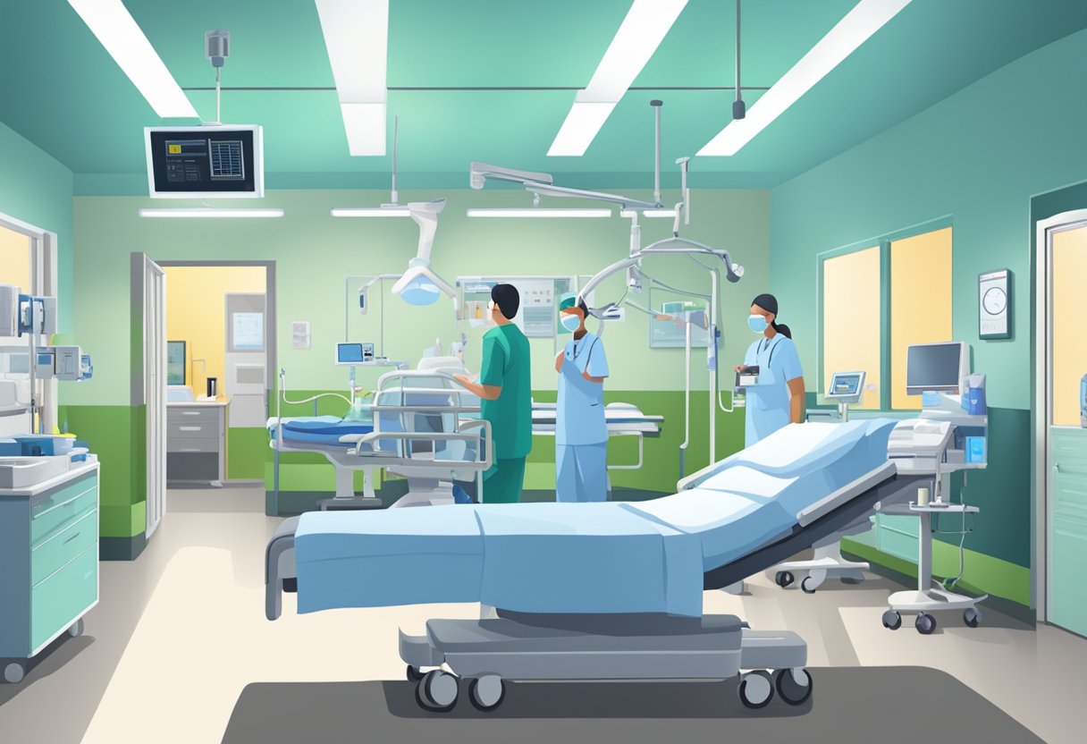 Atendimento de Urgência e Emergência: Guia Esencial para Situações Críticas 8 Uma sala de hospital com equipamentos médicos e uma cama de paciente, cercada por profissionais de saúde prestando cuidados pós-urgência.