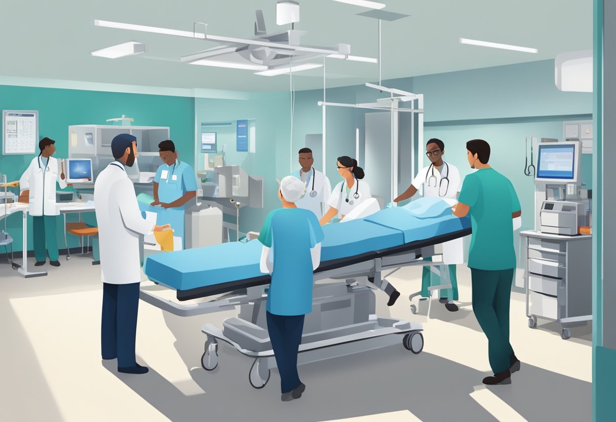 Atendimento de Urgência e Emergência: Guia Esencial para Situações Críticas 9 Uma sala de emergência movimentada com equipamentos médicos e equipe atendendo pacientes