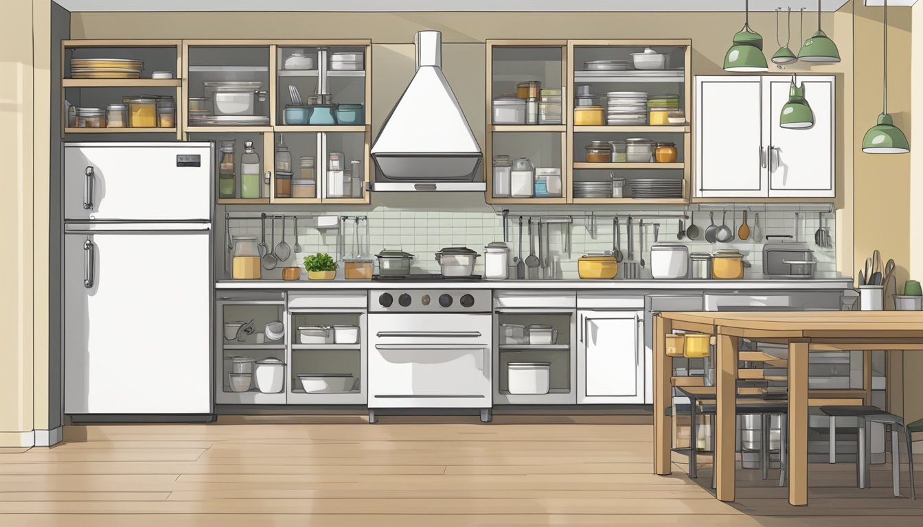 A tidy kitchen with labeled containers, organized utensils, and a clear work surface. A checklist on the wall and a well-planned layout for efficient cooking