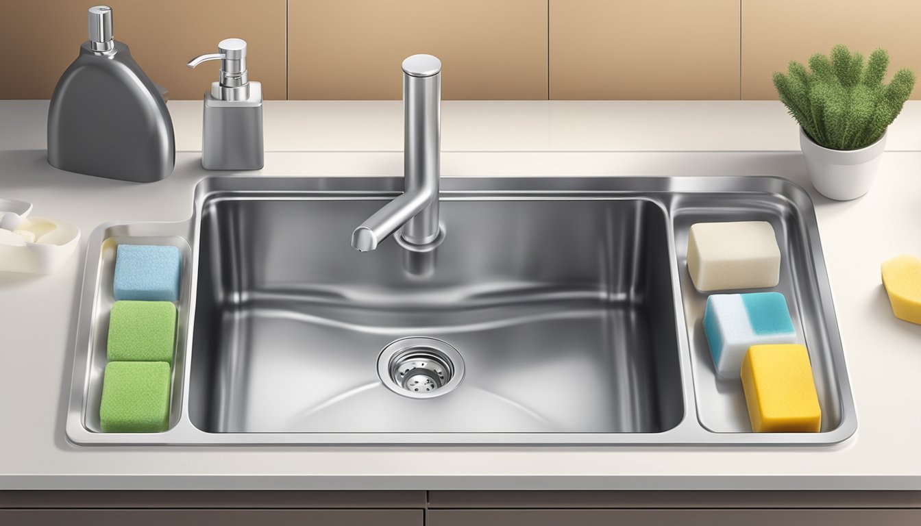 A modern kitchen sink with a sleek magnetic soap dispenser attached to the side, surrounded by various clever storage solutions for dish soap and sponges