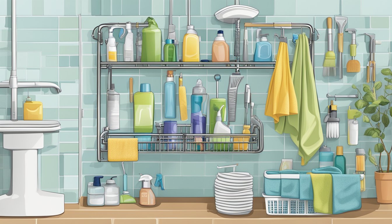 A shower caddy filled with cleaning supplies hangs from a showerhead. Nearby, various kitchen items are repurposed for organization