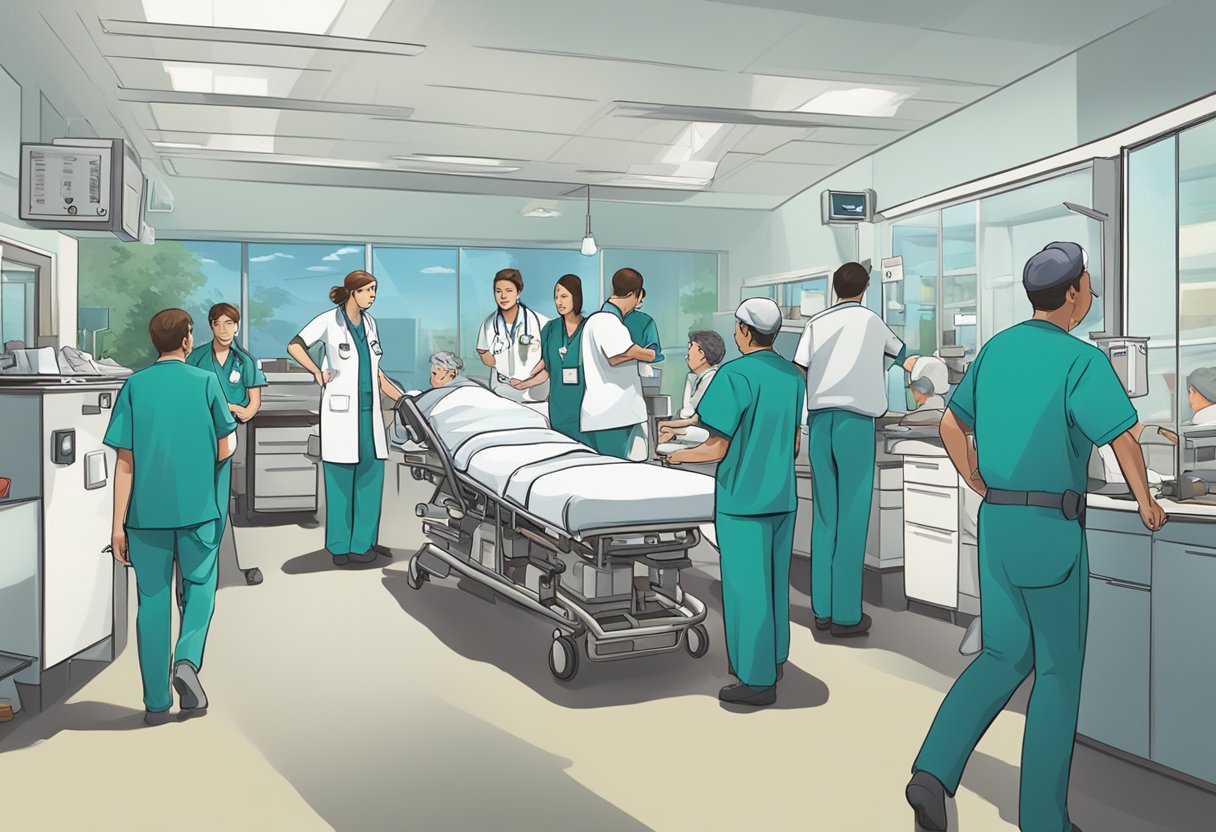 Atendimento de Urgência e Emergência: Guia Esencial para Situações Críticas 10 Uma sala de emergência movimentada com profissionais de saúde atendendo pacientes, ambulâncias chegando e uma sensação de urgência no ar.