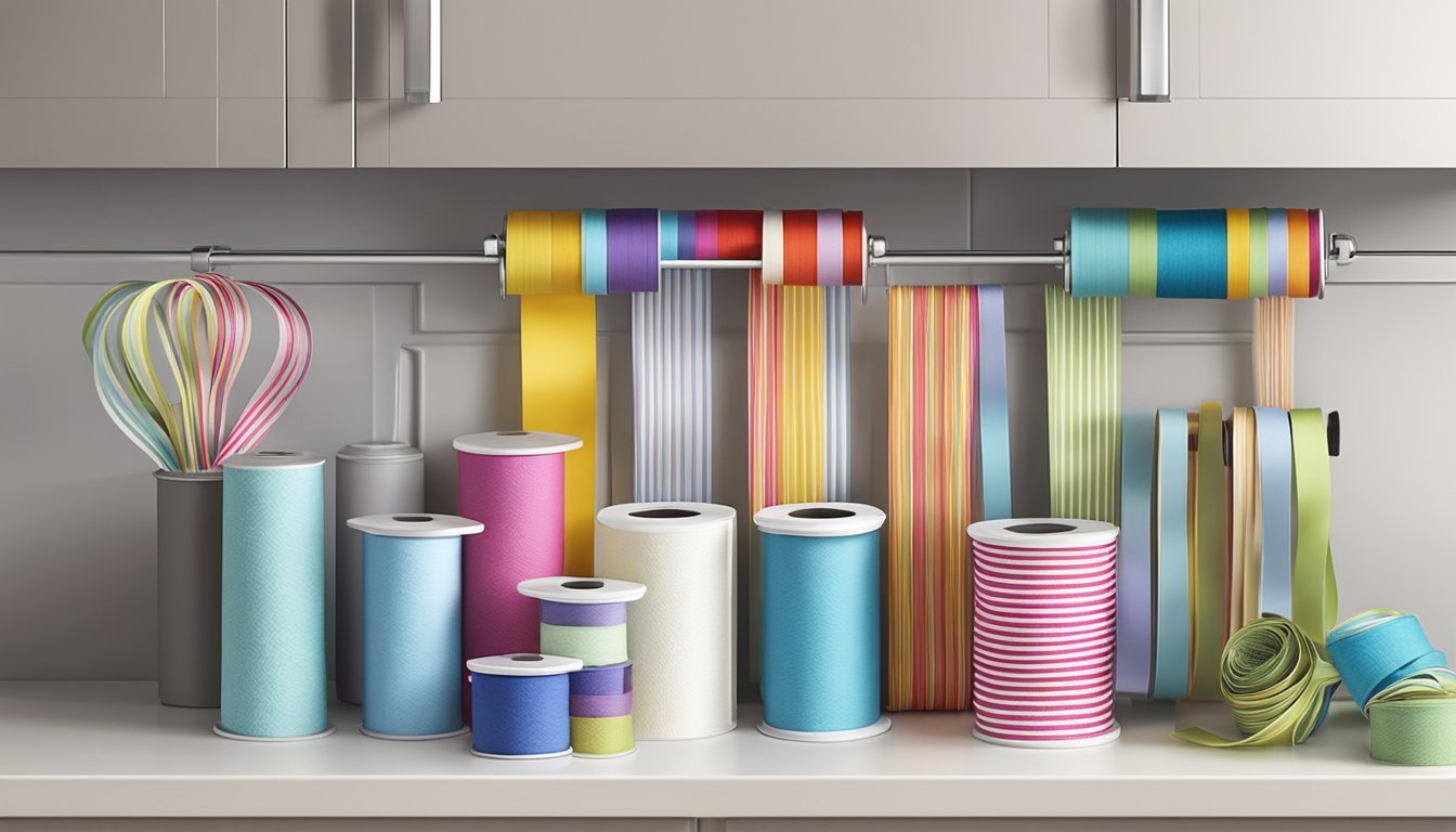 A paper towel holder is repurposed to hold colorful ribbons, neatly organized in a kitchen setting