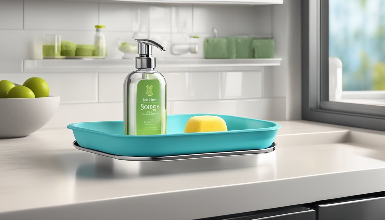 A wall-mounted soap foaming tray holds a sponge and dish soap in a sleek, modern kitchen