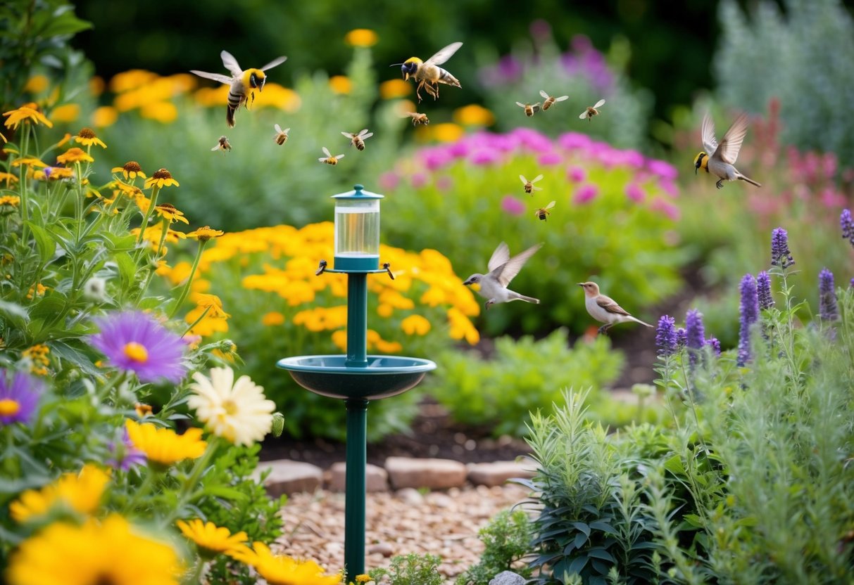 A garden with colorful flowers, buzzing bees, and singing birds. Bird feeders and a birdbath are surrounded by native plants and shrubs