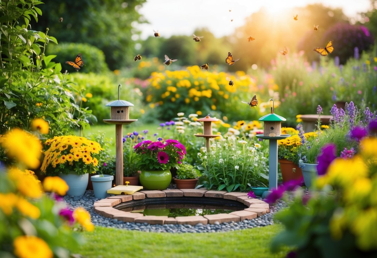 A garden with colorful flowers, bird feeders, and a small pond surrounded by buzzing bees and fluttering butterflies