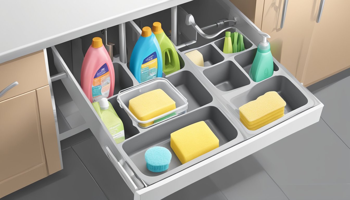 A pull-out organizer under the sink holds dish soap and sponges in separate compartments, with hooks for hanging brushes and towels