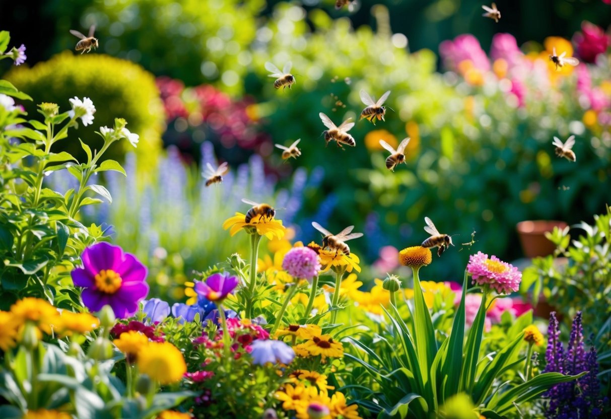 A colorful garden filled with blooming flowers, buzzing bees, and chirping birds, surrounded by lush greenery and a variety of plants