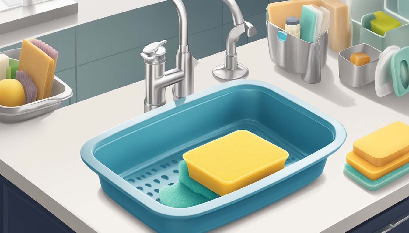 A kitchen sink with a silicone soap saver dish holding a sponge, surrounded by various storage options for dish soap and sponges