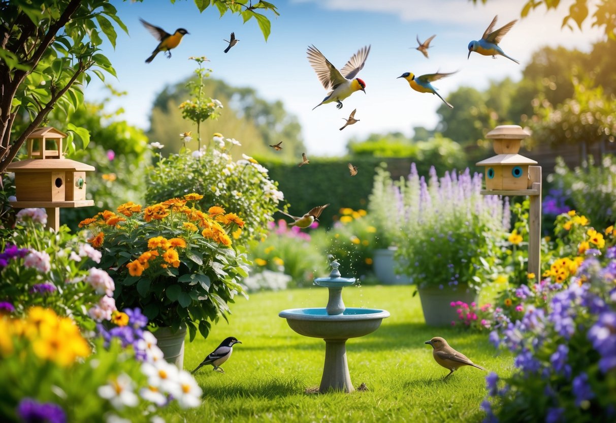 A lush garden with blooming flowers, bird feeders, and a birdbath surrounded by fluttering birds and buzzing pollinators