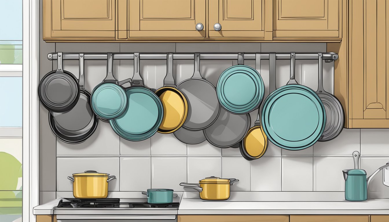 An over-the-door organizer filled with various pan lids hanging neatly in a kitchen