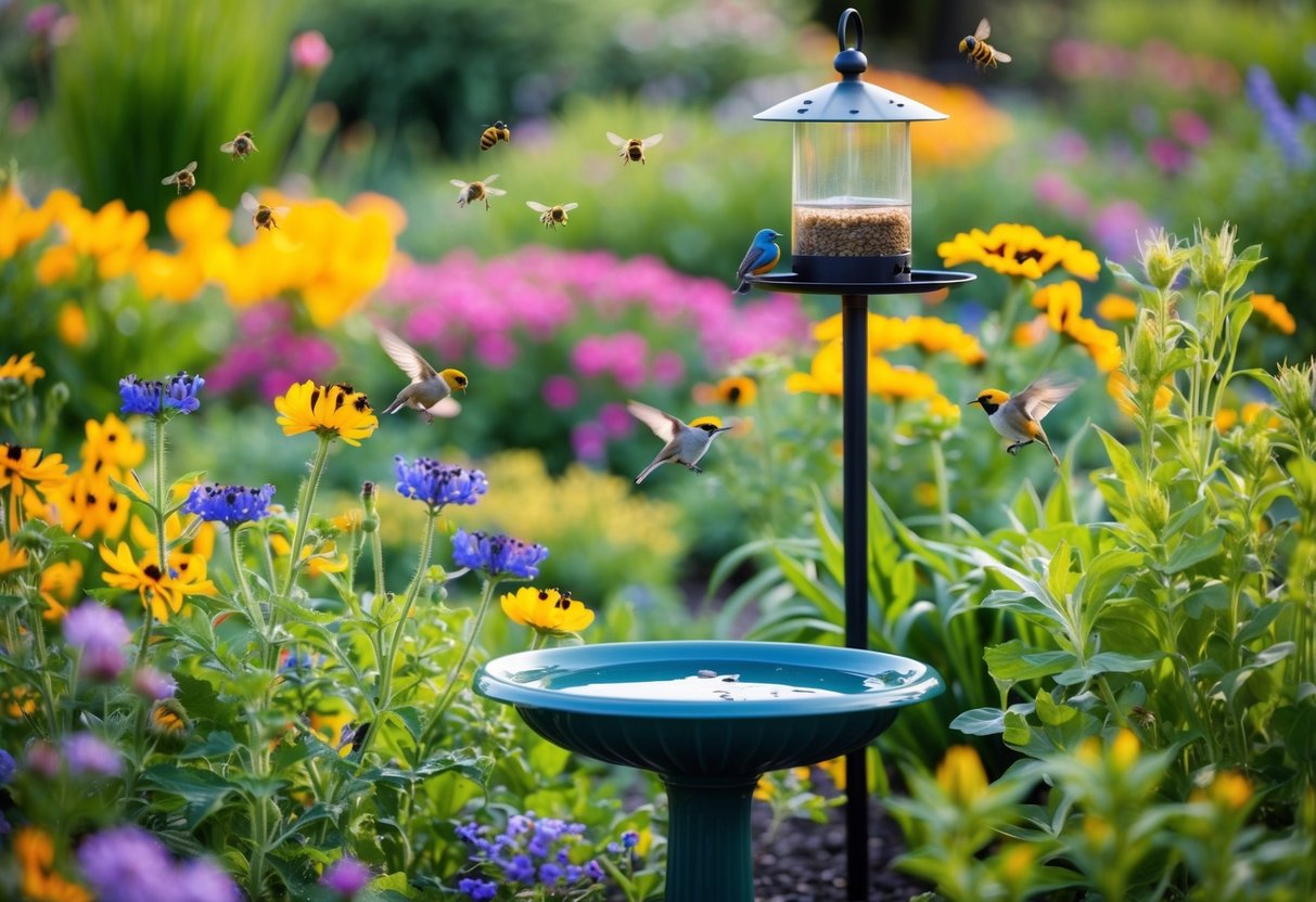 A colorful garden with blooming flowers, buzzing bees, and chirping birds. A birdbath and bird feeders are surrounded by native plants and pollinator-friendly flowers