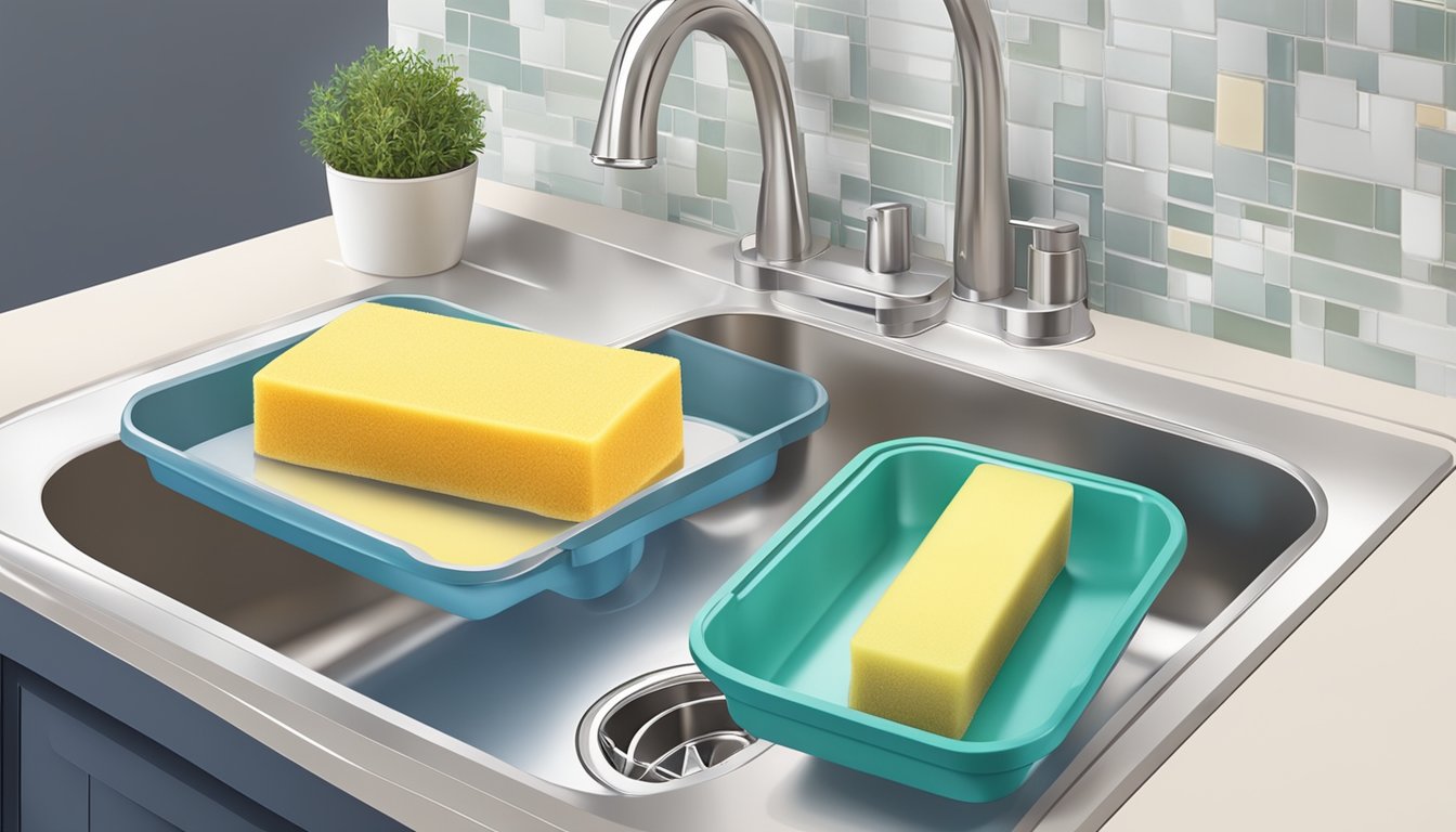 A kitchen sink with a built-in soap dispenser and a designated holder for sponges, neatly organized and easily accessible