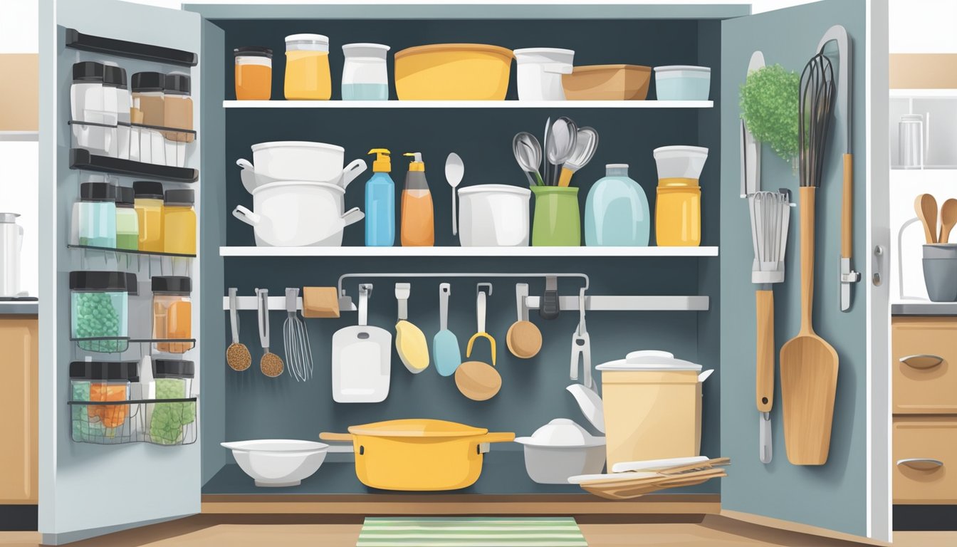 A kitchen scene with an over-the-door organizer holding cleaning supplies caddy, utensils, spices, and other kitchen items neatly arranged