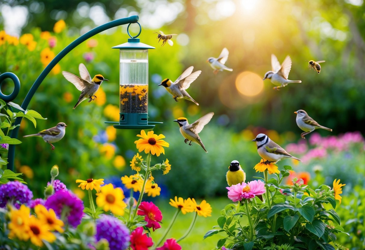 A lush garden with colorful flowers, buzzing bees, and chirping birds perched on feeders and fluttering around