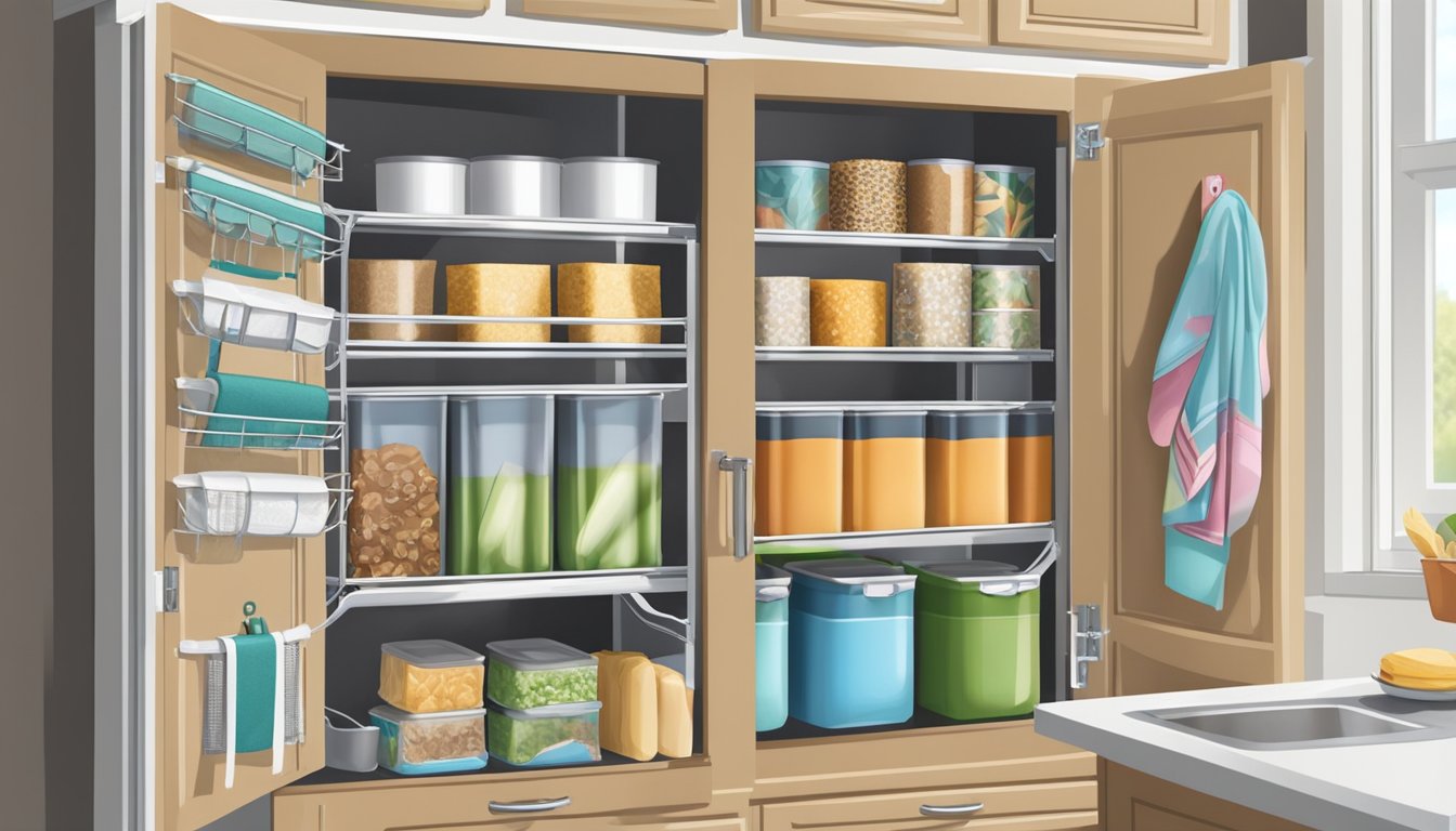 An over-the-door organizer filled with rolls of wraps and foil, hanging in a clutter-free kitchen, with various items neatly stored in the pockets