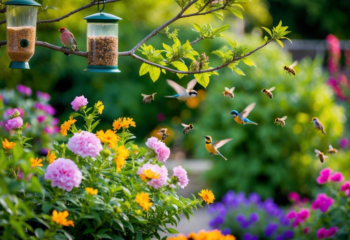 A lush garden with blooming flowers, buzzing bees, and colorful birds flitting between branches and feeders