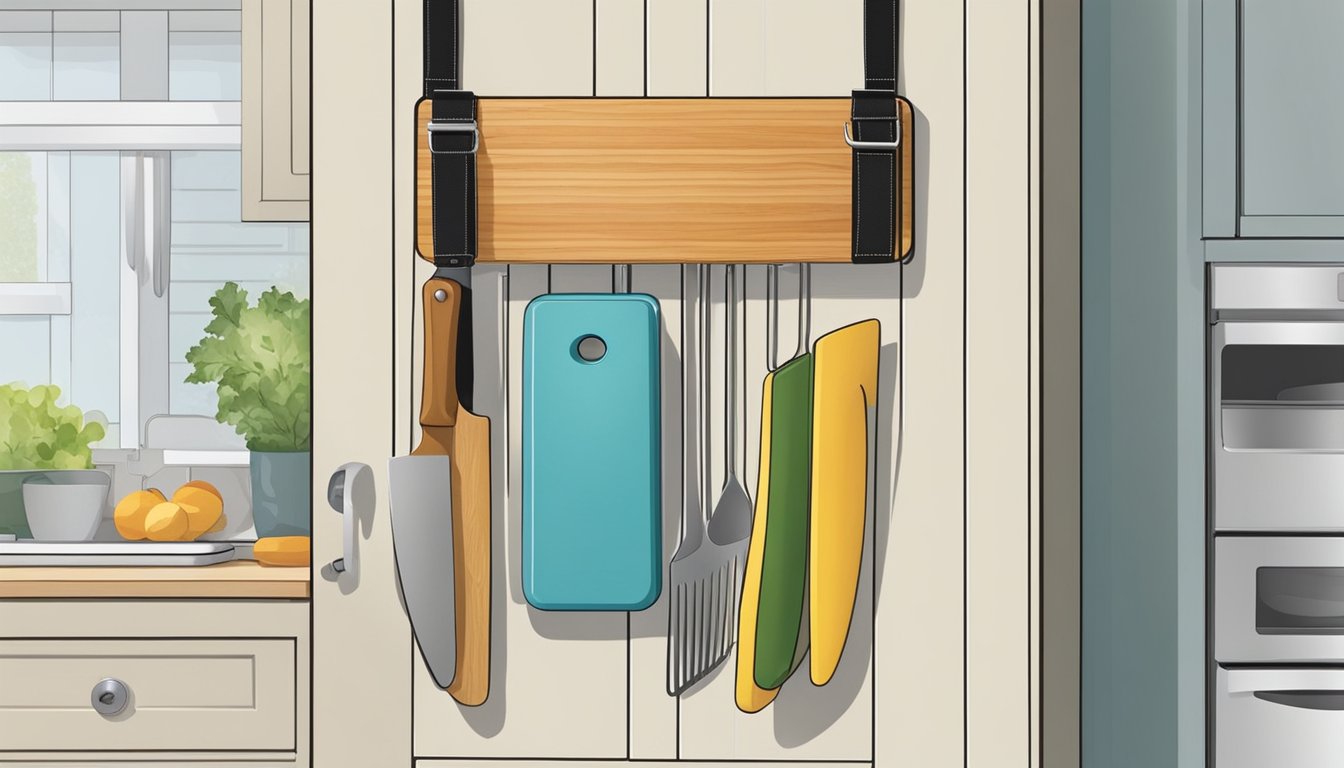 A cutting board holder hangs from an over-the-door organizer in a bustling kitchen, showcasing its versatility and space-saving functionality