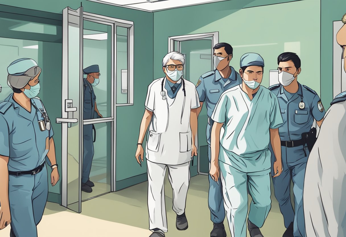 Internação Contra a Vontade: Aspectos Legais e Éticos 4 Uma pessoa sendo escoltada para dentro de um hospital por autoridades, com uma expressão de resistência no rosto.