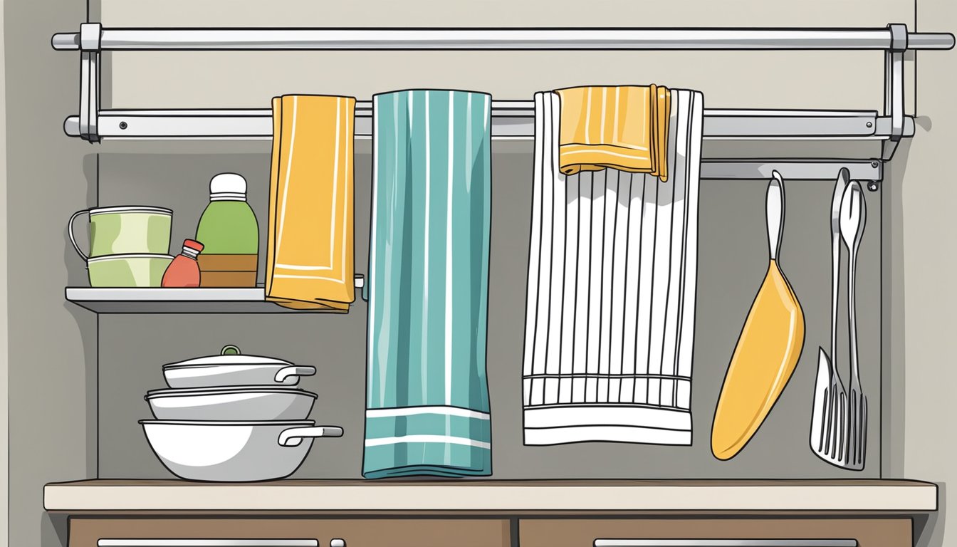 A dish towel drying rack hangs over the kitchen door, with various over-the-door organizers holding utensils, spices, and other kitchen items