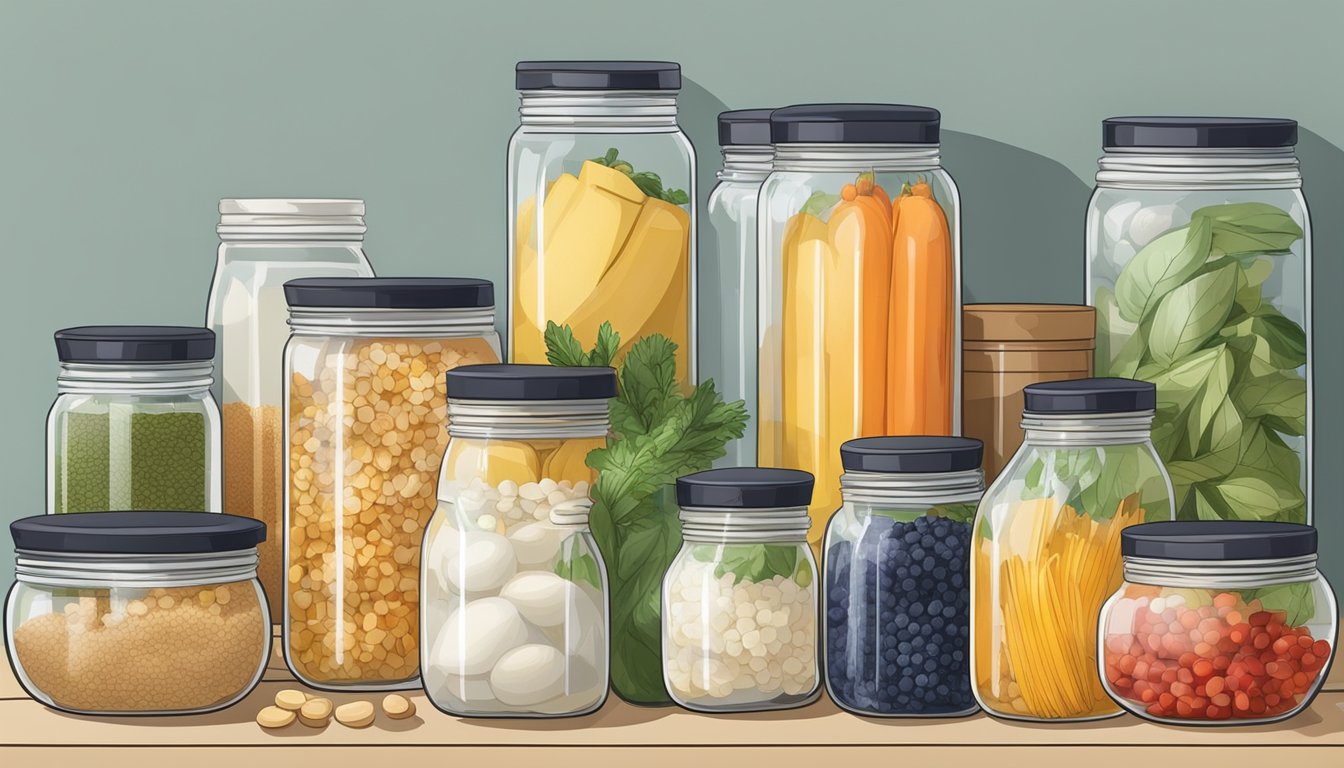 Clear jars neatly arranged with labeled ingredients on a clean, organized kitchen counter