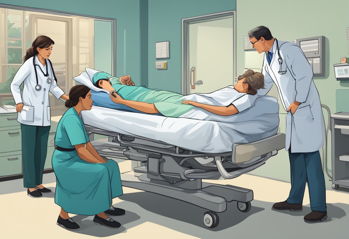 Internação Contra a Vontade: Aspectos Legais e Éticos 5 Um médico e uma enfermeira contêm à força um paciente que está se debatendo em uma cama de hospital, enquanto um membro da família preocupado observa.