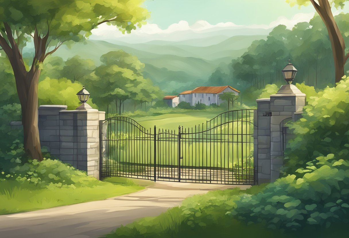 Internação Contra a Vontade: Aspectos Legais e Éticos 6 Um ambiente sereno no campo com uma instalação cercada por um portão, rodeada por uma vegetação exuberante, com uma atmosfera tranquila e um senso de isolamento.