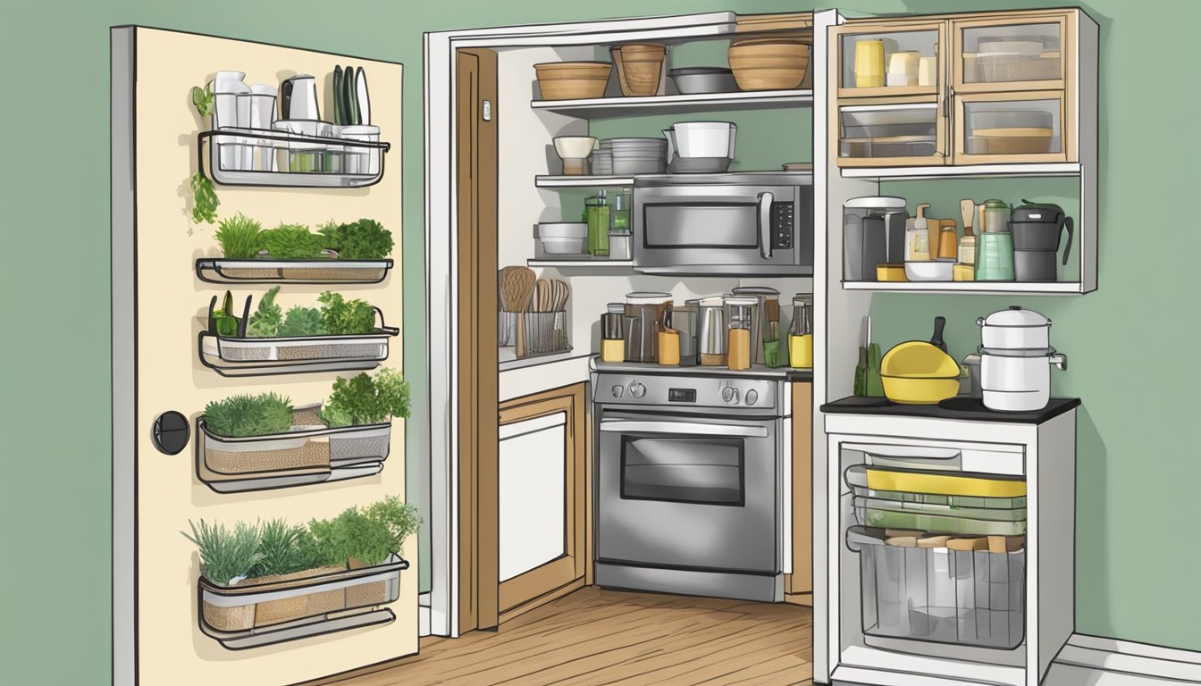 A kitchen with an over-the-door organizer holding a herb drying rack and various kitchen utensils and supplies neatly organized