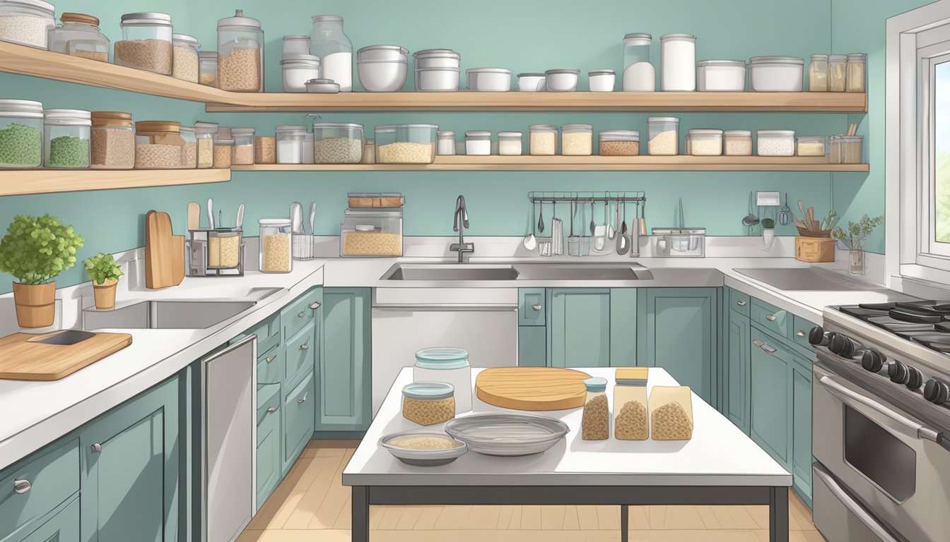 A clean, clutter-free kitchen with labeled baking supplies, organized storage containers, a designated baking area, and a clear workspace for preparation