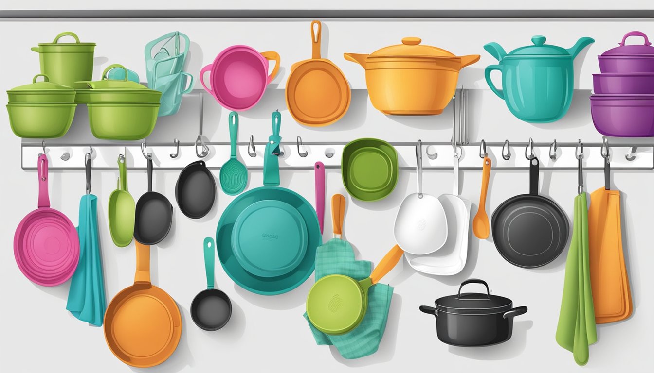 A kitchen scene with various over-the-door organizers holding pot holders in 10 different ways