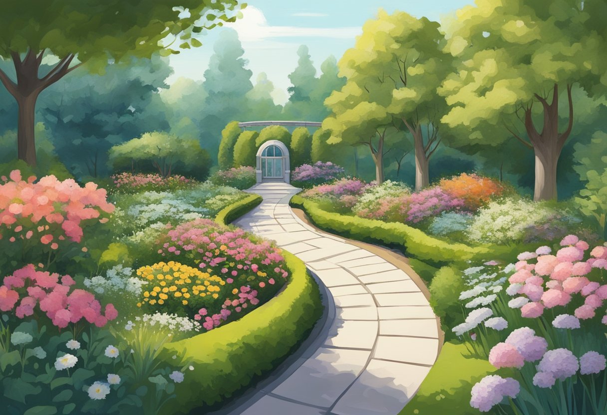 Um jardim pacífico com um caminho sinuoso levando a uma moderna instalação psiquiátrica situada entre árvores e flores.