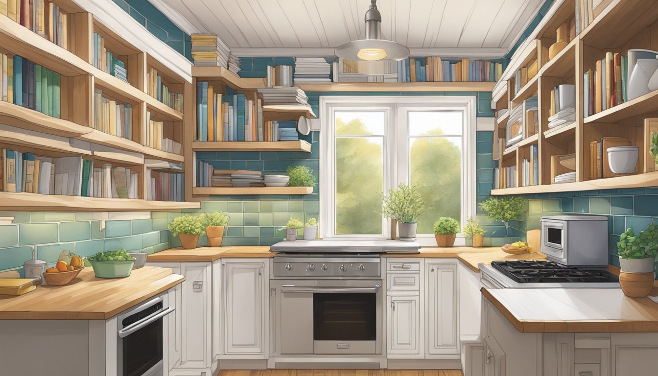 A cozy kitchen with custom-built book nooks nestled into the walls, each cleverly storing cookbooks in unique and creative ways