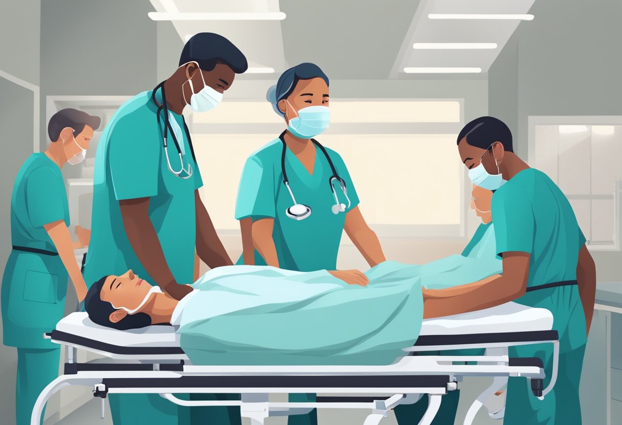 Uma equipe de profissionais médicos transferindo cuidadosamente um paciente psiquiátrico de uma maca para uma cama de hospital.