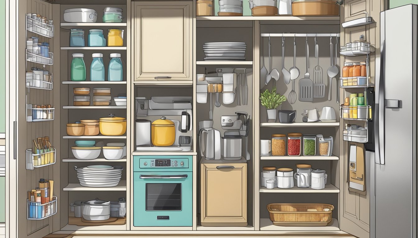 An over-the-door organizer hangs on a pantry door, filled with kitchen utensils, spices, and small appliances. The organized items are easily accessible and create a tidy and efficient kitchen space