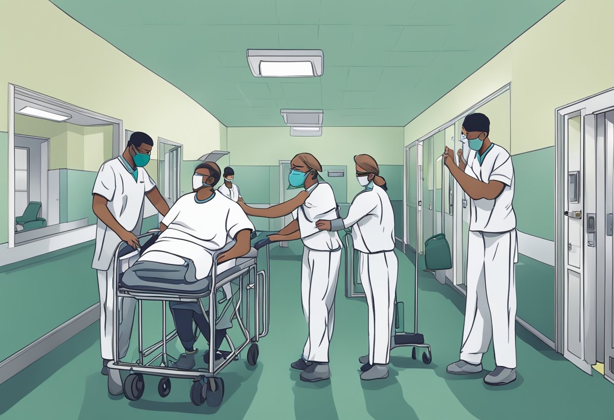 Uma equipe de profissionais de saúde mental removendo pacientes psiquiátricos de uma instalação