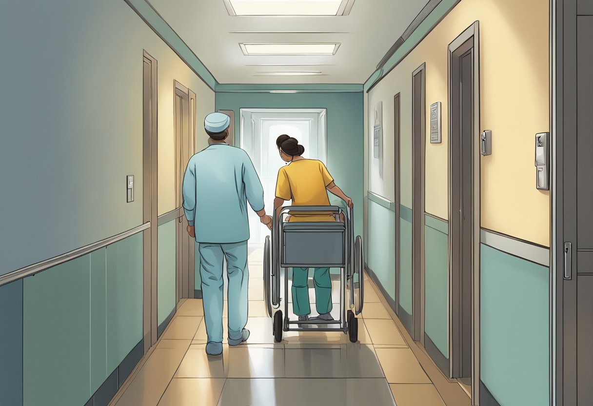 Uma enfermeira guiando gentilmente um paciente psiquiátrico por um corredor bem iluminado em direção a uma sala confortável e tranquila para o seu processo de remoção.