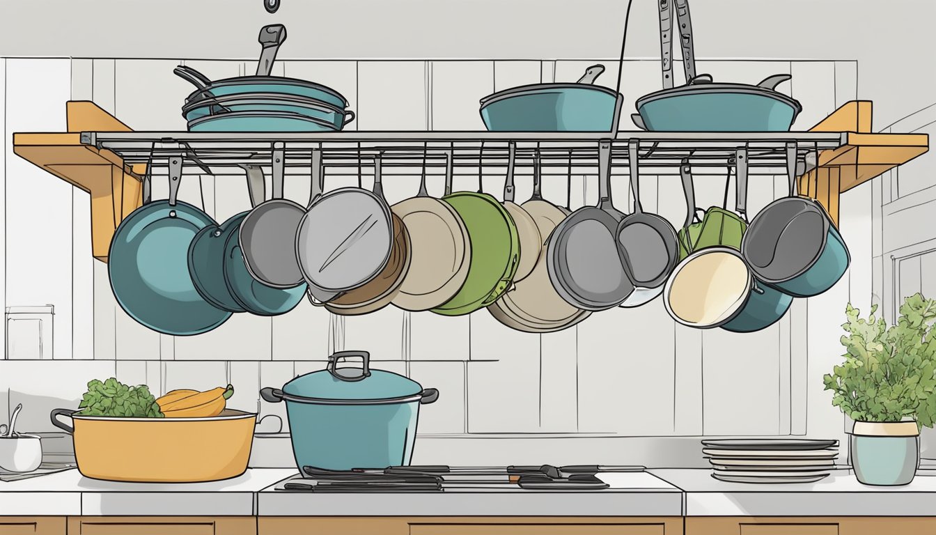 An overhead pot rack is now filled with cookbooks, showcasing 10 clever ways to store them