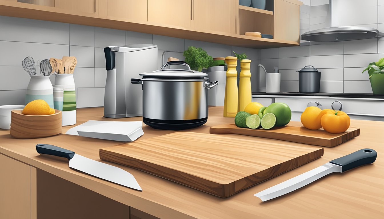 Cutting boards arranged in magazine holders on a kitchen counter, surrounded by various organized kitchen items