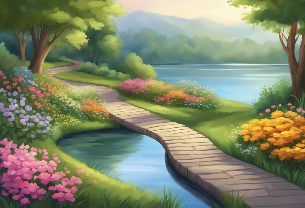Um cenário natural sereno com um caminho sinuoso levando a um lago tranquilo, cercado por uma vegetação exuberante e flores coloridas.