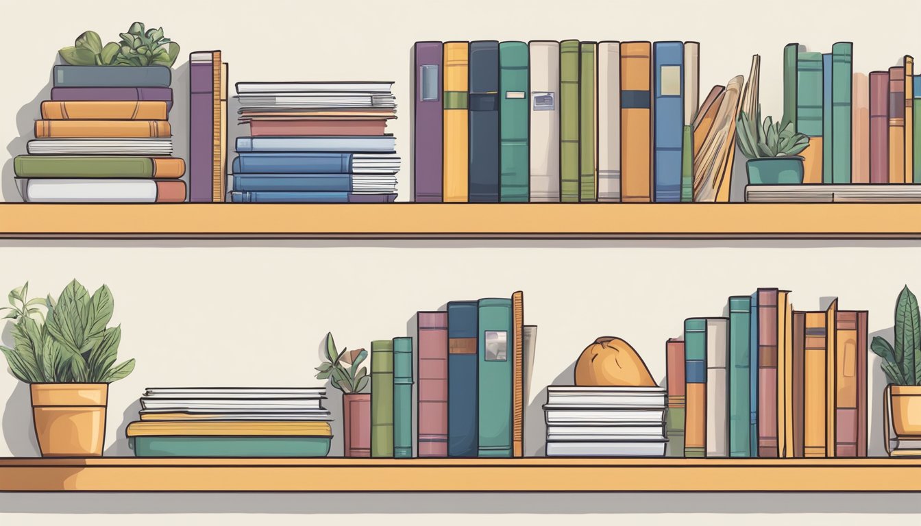 A set of adjustable slanted bookshelves filled with neatly organized cookbooks