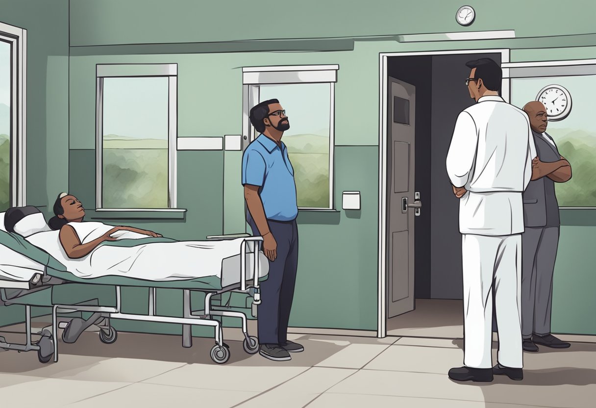 Um psiquiatra e dois enfermeiros escoltam um paciente para fora de uma instituição de saúde mental, enquanto membros da família observam com preocupação.