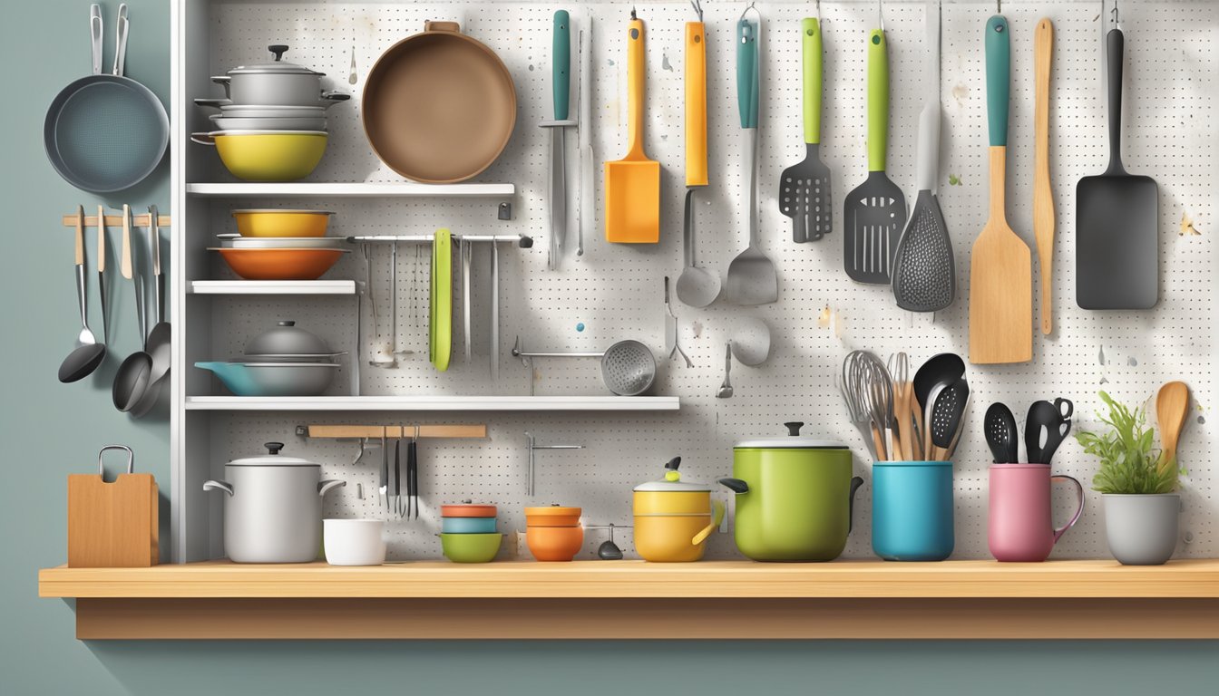 A pegboard with various shelves and hooks holding cookbooks and kitchen utensils in a neatly organized and space-saving manner