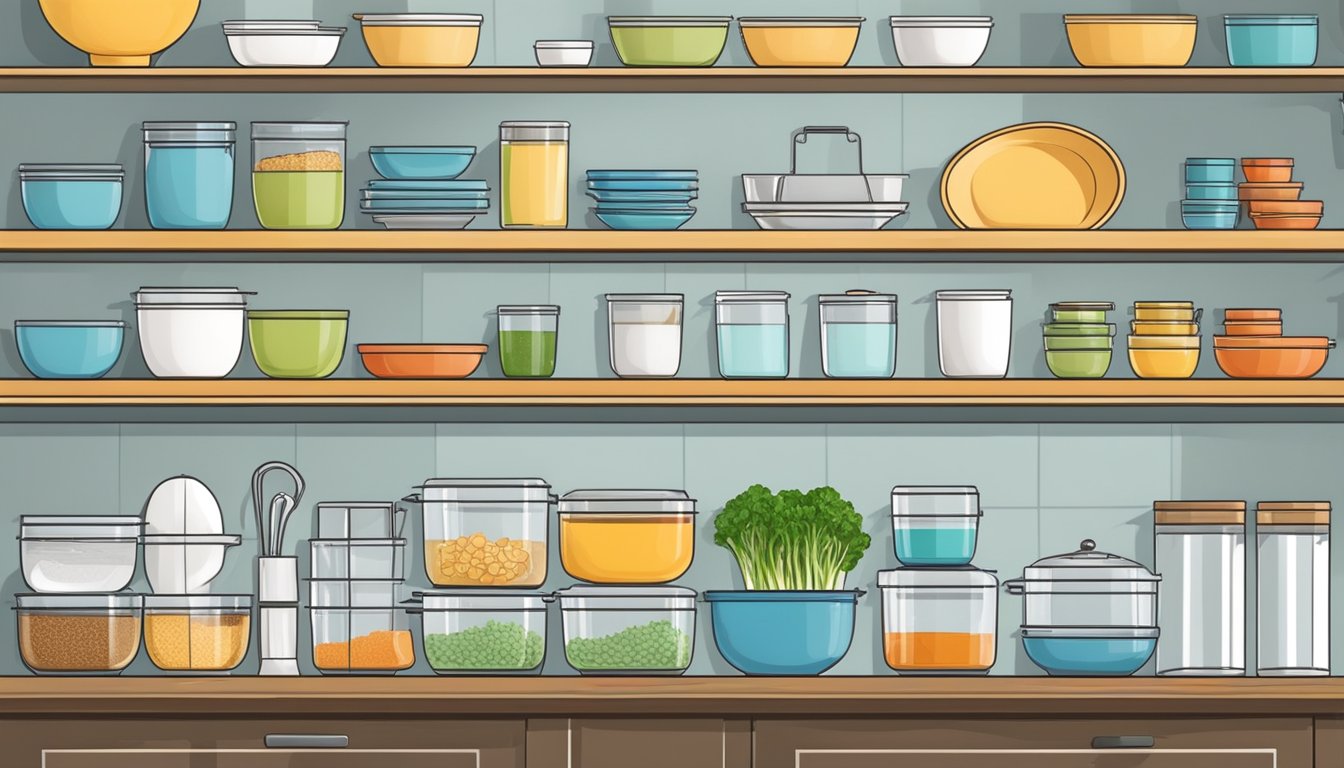 A neatly organized kitchen with labeled dishes, separate areas for different dietary needs, and clear containers for easy ingredient identification