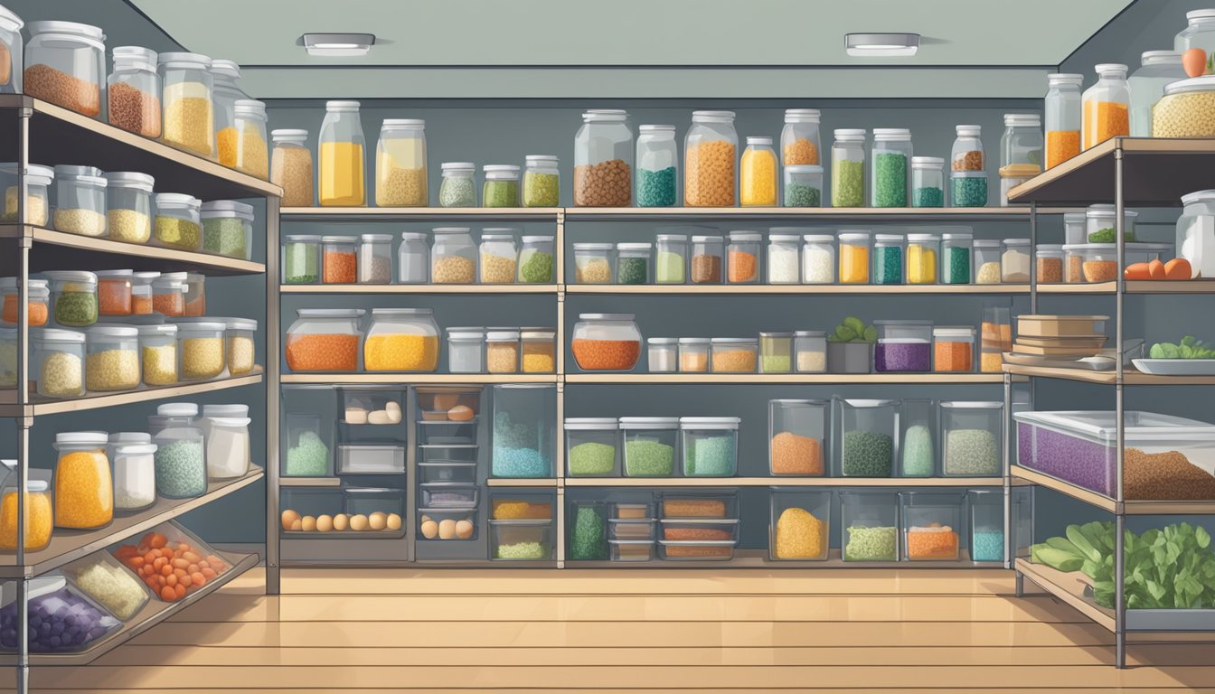 Glass containers neatly arranged on shelves, filled with labeled ingredients. Labels indicate dietary restrictions. Pots and pans hang on hooks nearby