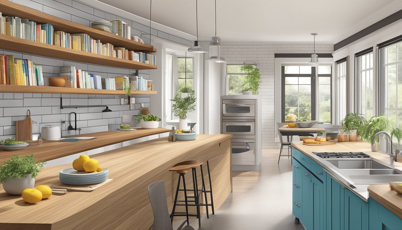 A sleek, wall-mounted shelf displays a colorful array of cookbooks, neatly organized and easily accessible. A nearby kitchen island features built-in bookshelves for quick access to favorite recipes