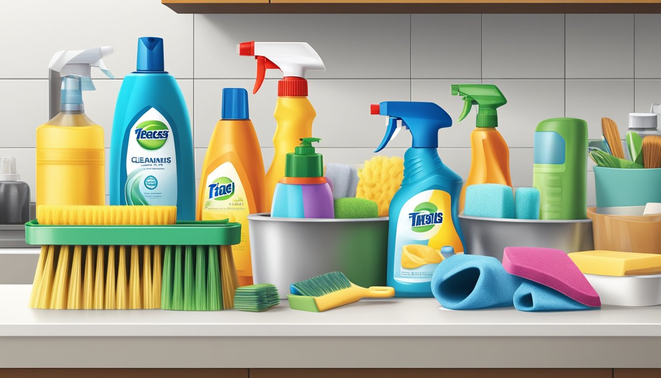 Cleaning supplies neatly arranged in magazine holders on a kitchen countertop. A variety of items such as spray bottles, sponges, and brushes are organized for easy access and storage