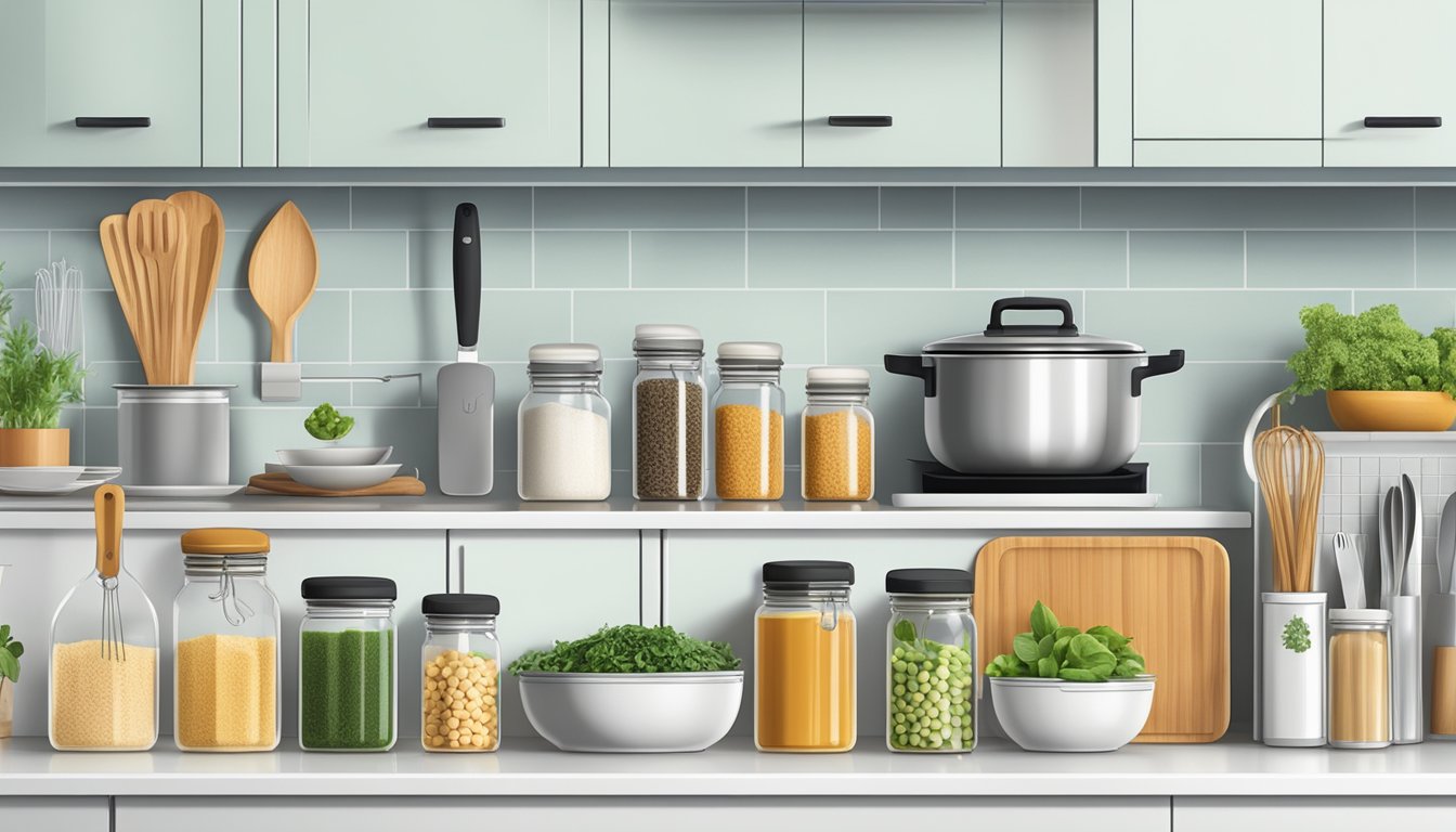 A well-organized kitchen with labeled storage containers for plant-based ingredients, a variety of cutting boards, and neatly arranged cooking utensils