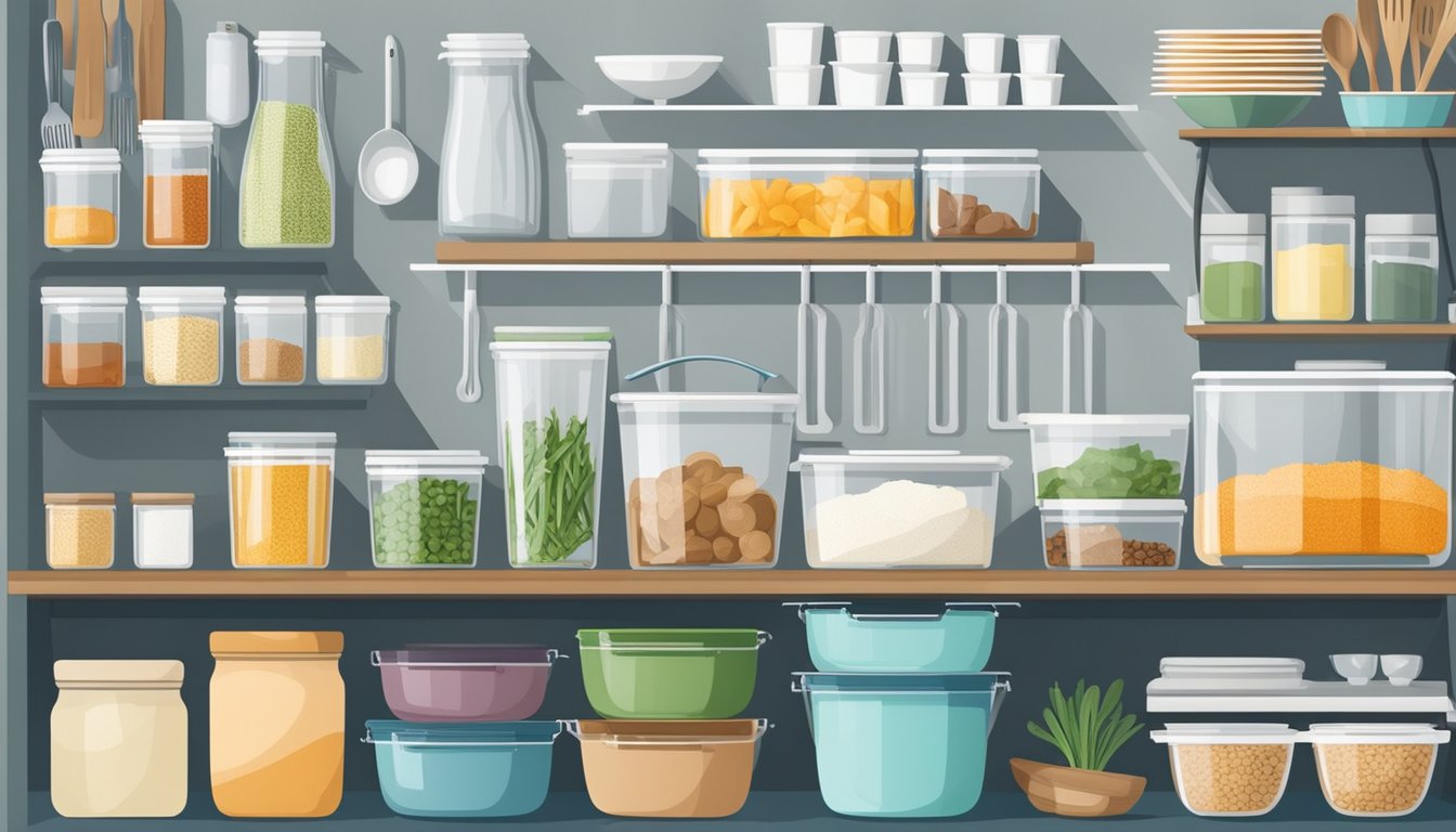 A well-organized kitchen with labeled gluten-free ingredients, separate cooking utensils, and clear storage containers for easy access during dinner party preparations